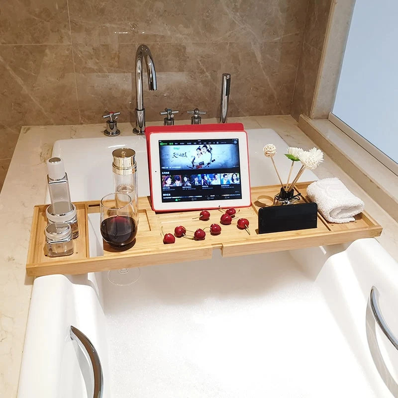 Bathtub Tray Expandable Bamboo Wine Glass & Smartphone Slots