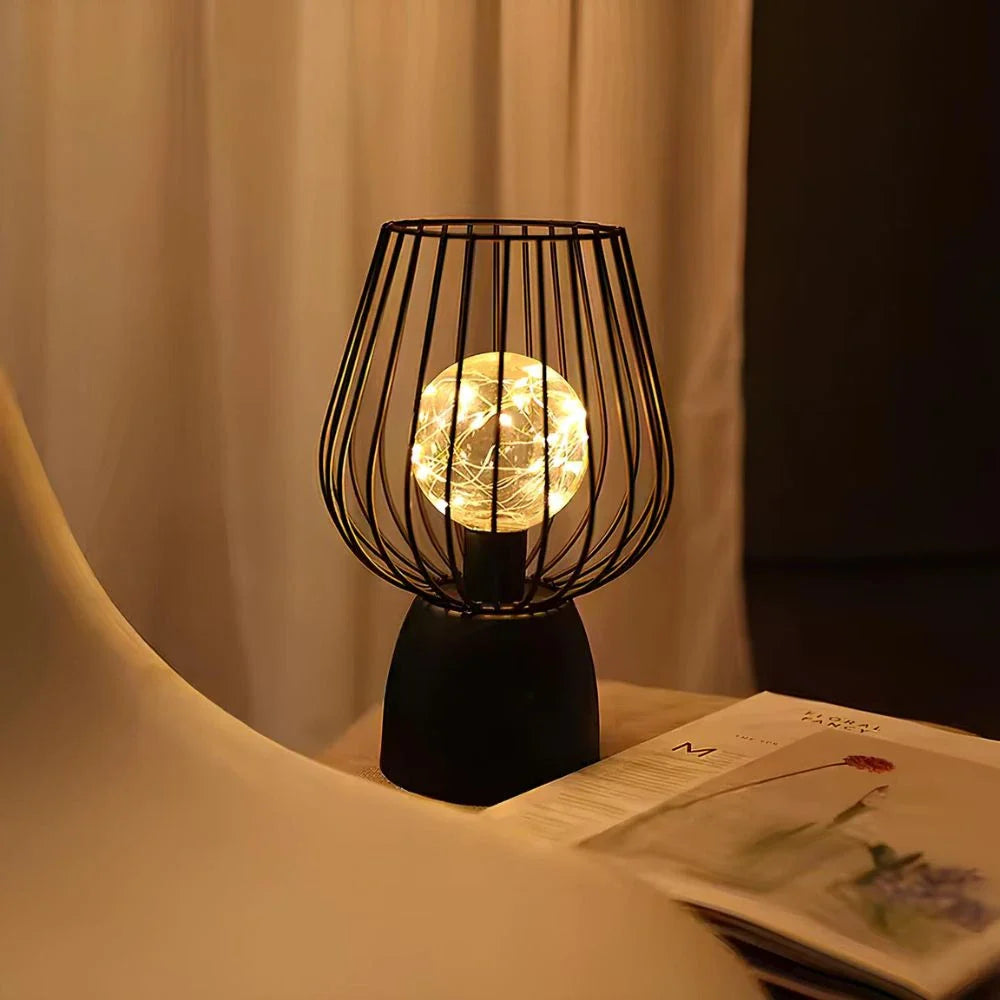 Battery-Powered Iron Open Cage Table Lamp (E27 Compatible)