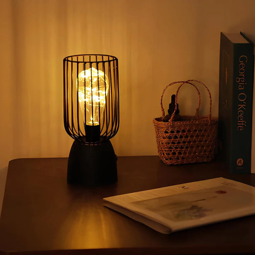 Battery-Powered Iron Open Cage Table Lamp (E27 Compatible)
