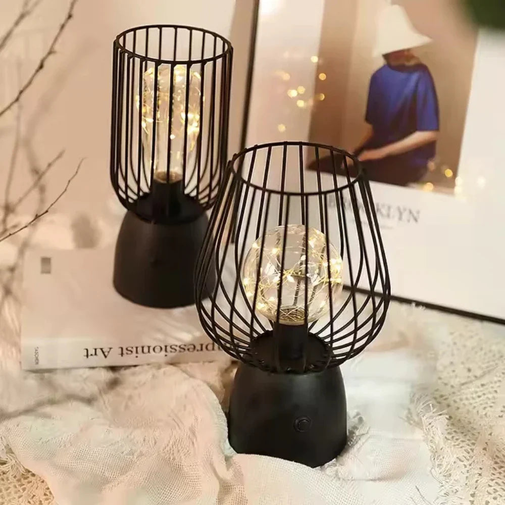 Battery-Powered Iron Open Cage Table Lamp (E27 Compatible)