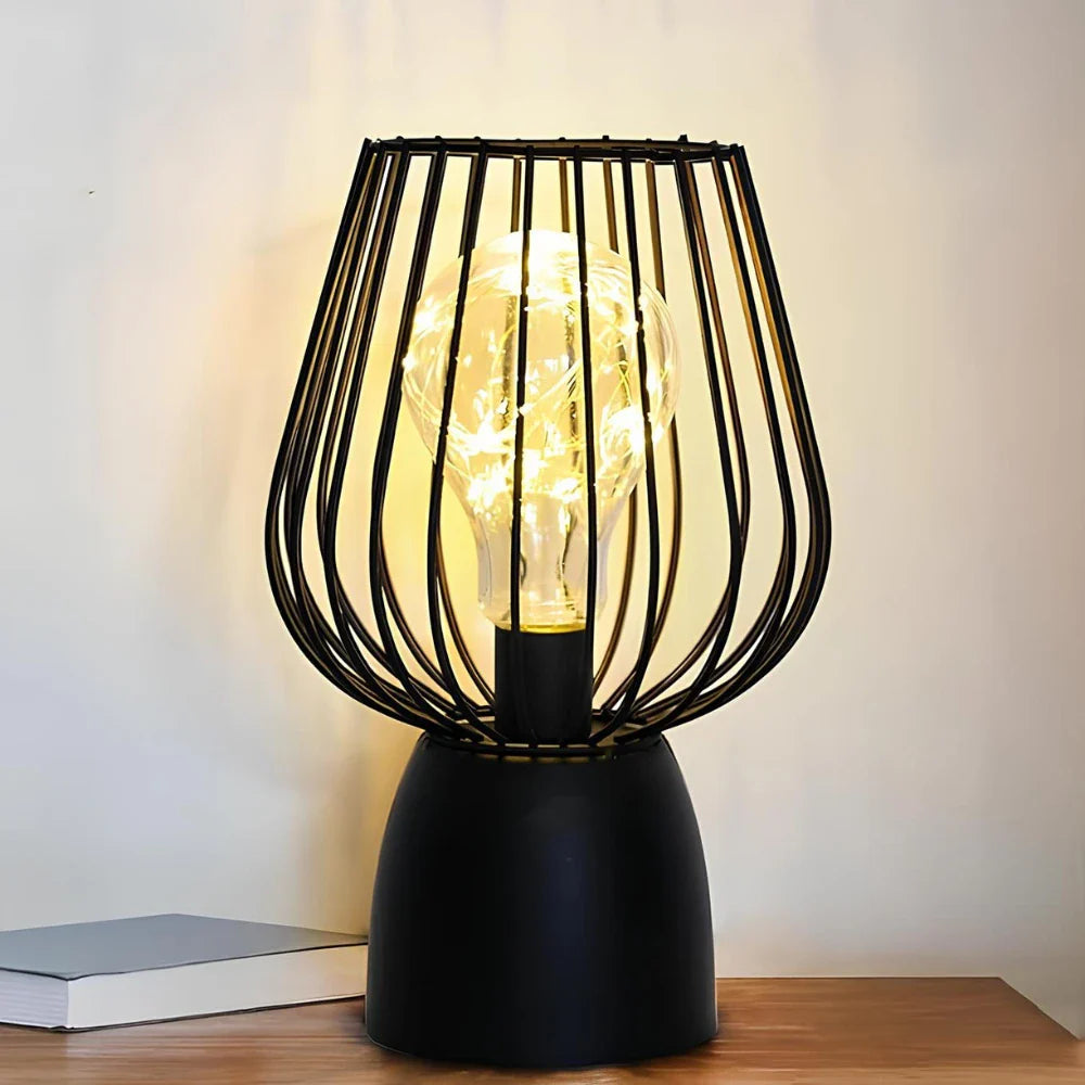 Battery-Powered Iron Open Cage Table Lamp (E27 Compatible)