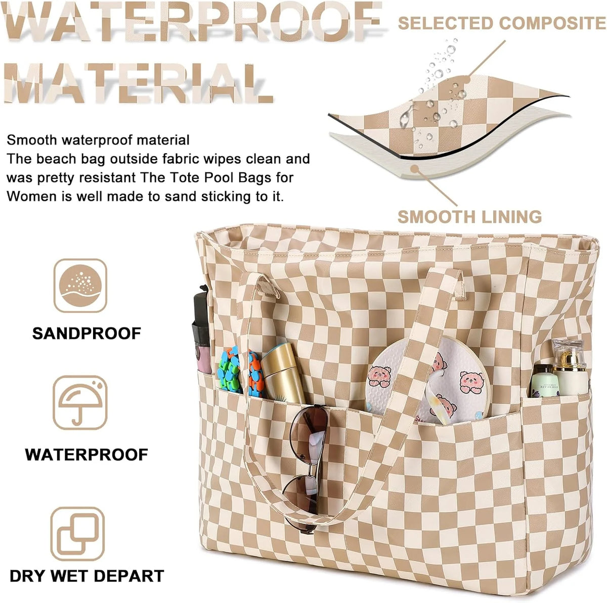 Beach Bag Extra Large Wet Compartment Multiple Pockets