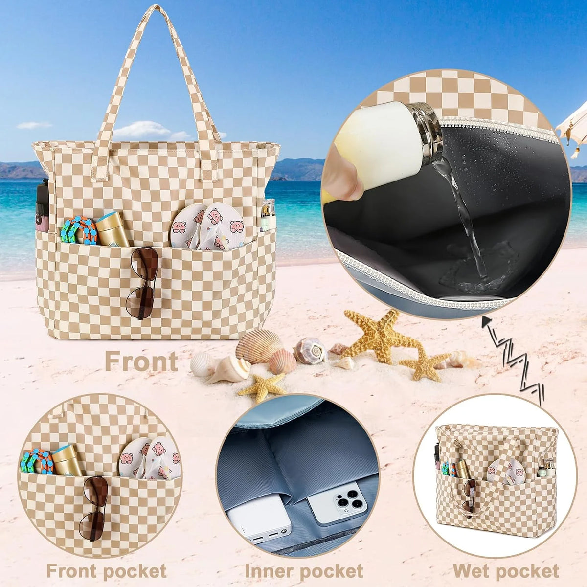 Beach Bag Extra Large Wet Compartment Multiple Pockets