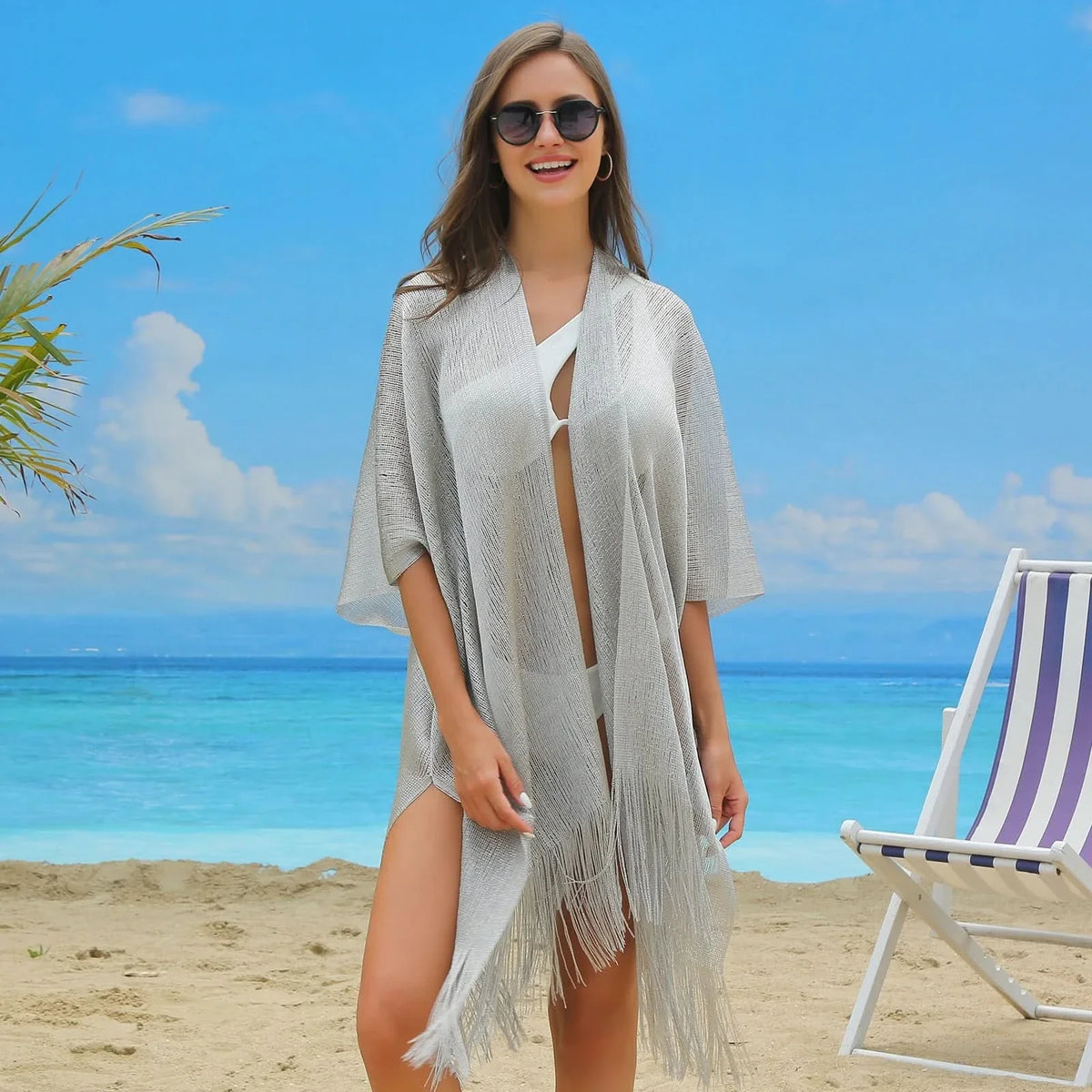 Beach Cover-Up Kimono Style Quick-Drying Sparkle Mesh