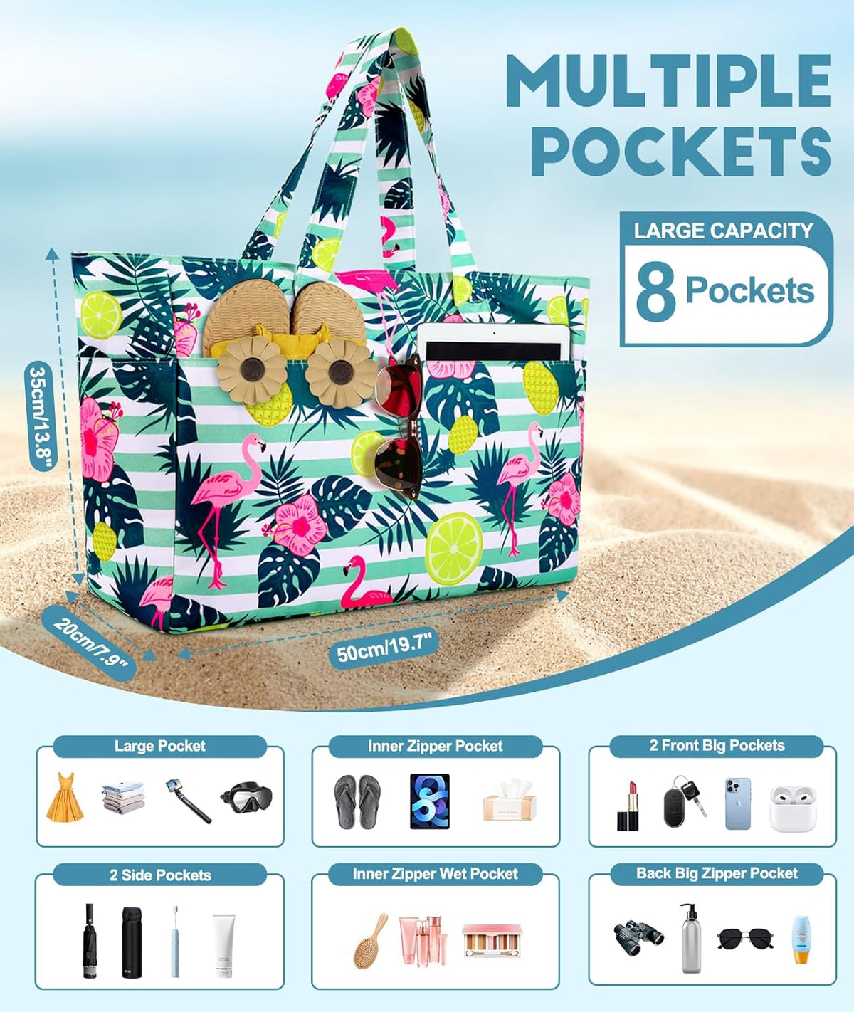 Beach Tote 45L Waterproof Foldable Wet & Dry Pocket