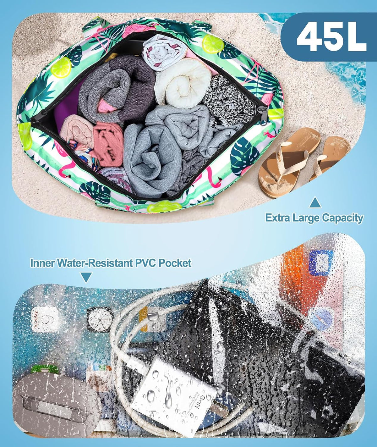Beach Tote 45L Waterproof Foldable Wet & Dry Pocket