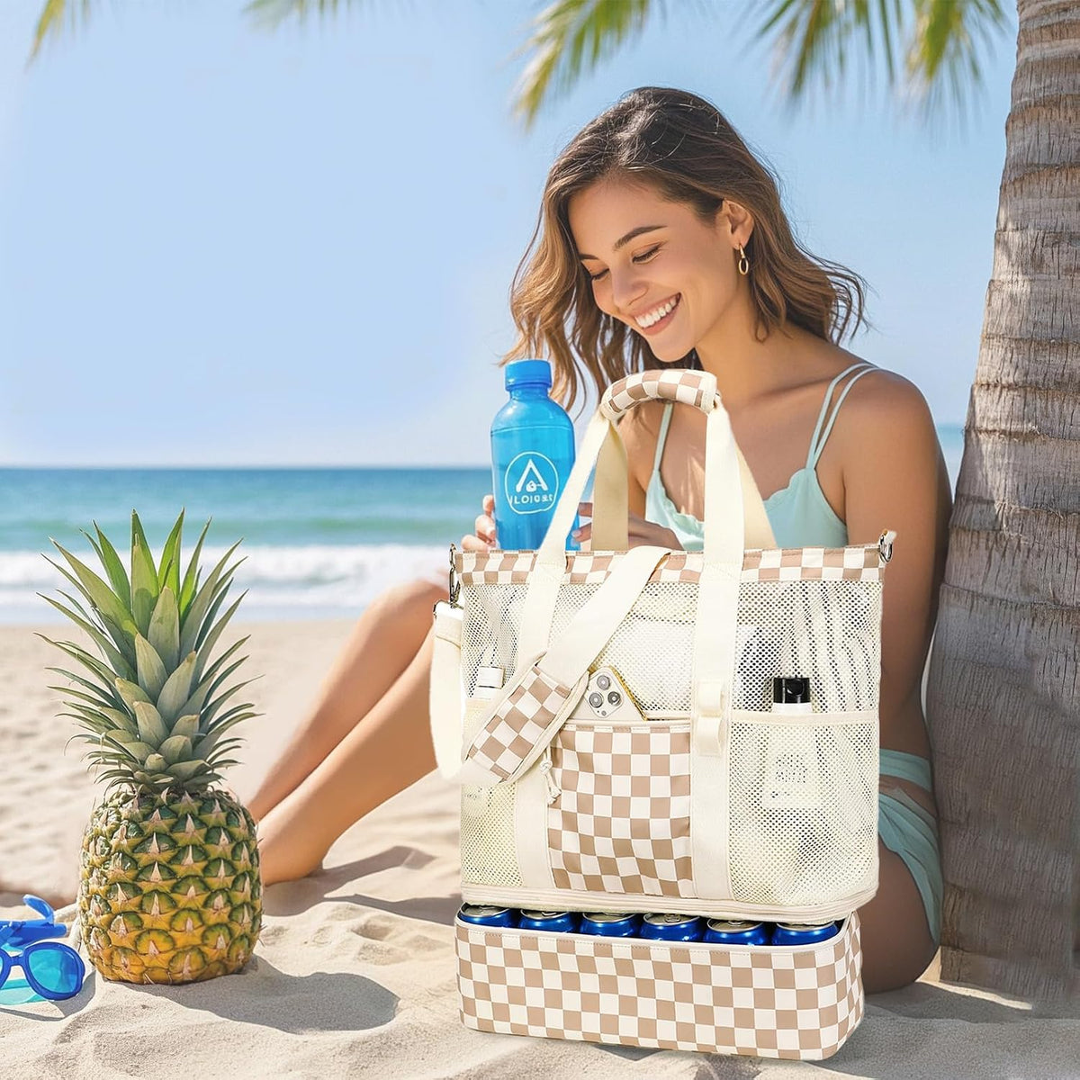 Beach Tote Bag Detachable Insulated Cooler Holds 12 Cans