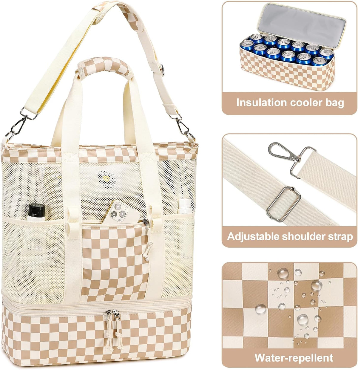 Beach Tote Bag Detachable Insulated Cooler Holds 12 Cans