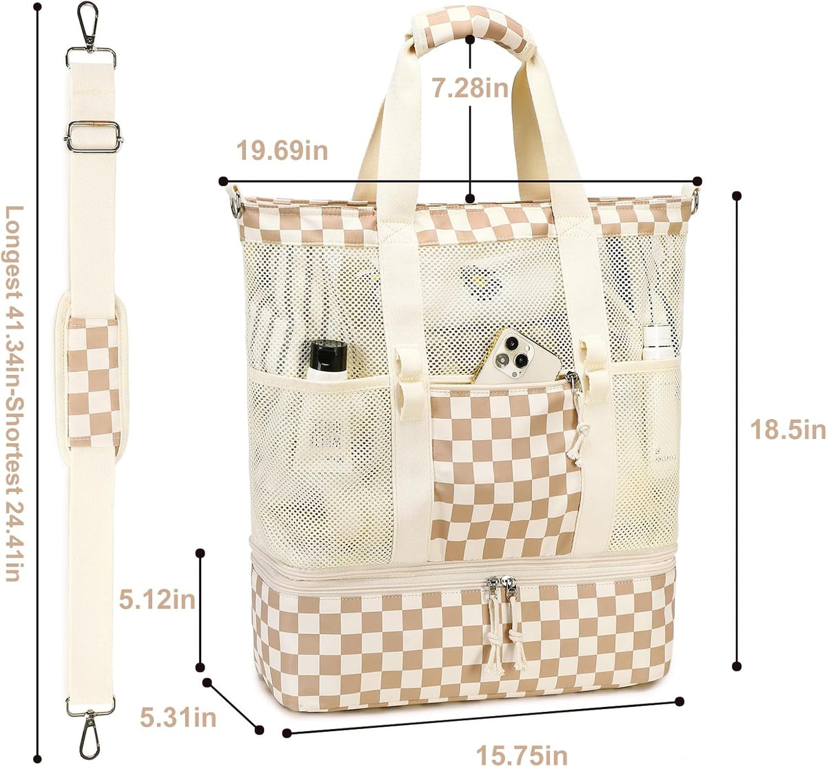 Beach Tote Bag Detachable Insulated Cooler Holds 12 Cans