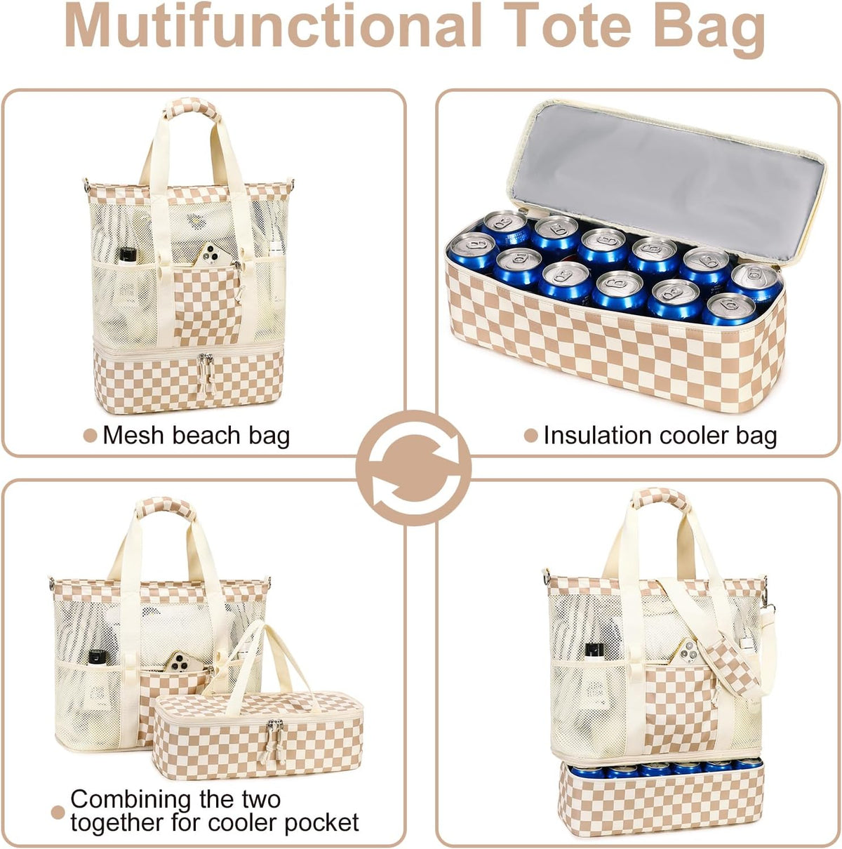 Beach Tote Bag Detachable Insulated Cooler Holds 12 Cans