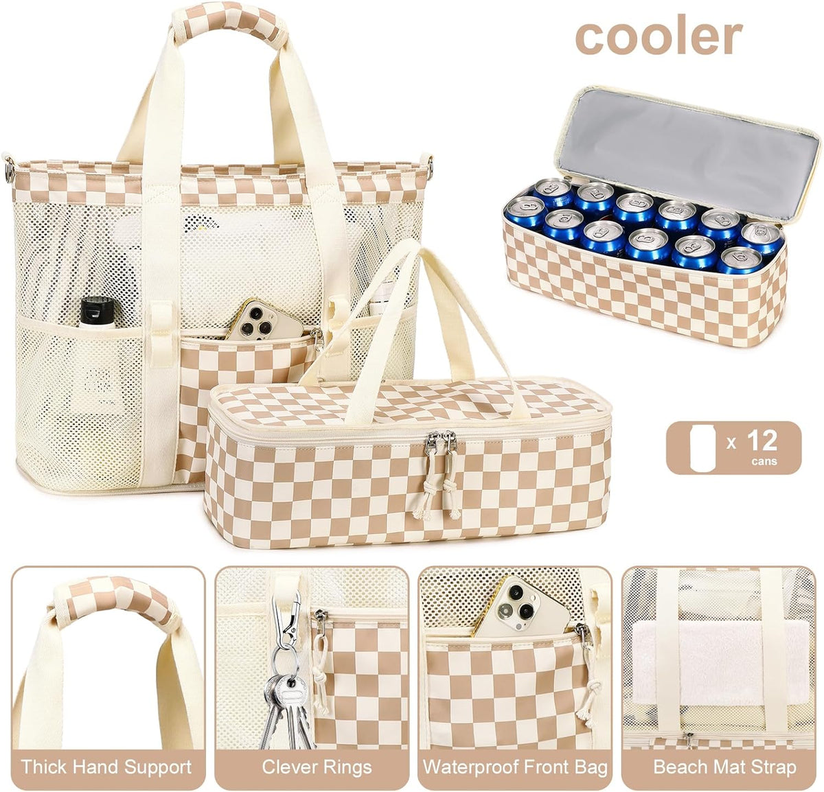 Beach Tote Bag Detachable Insulated Cooler Holds 12 Cans