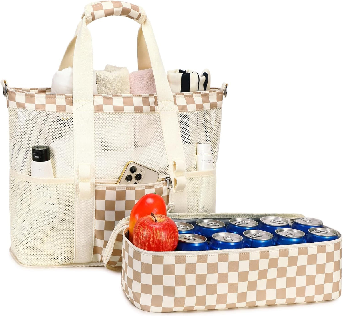 Beach Tote Bag Detachable Insulated Cooler Holds 12 Cans