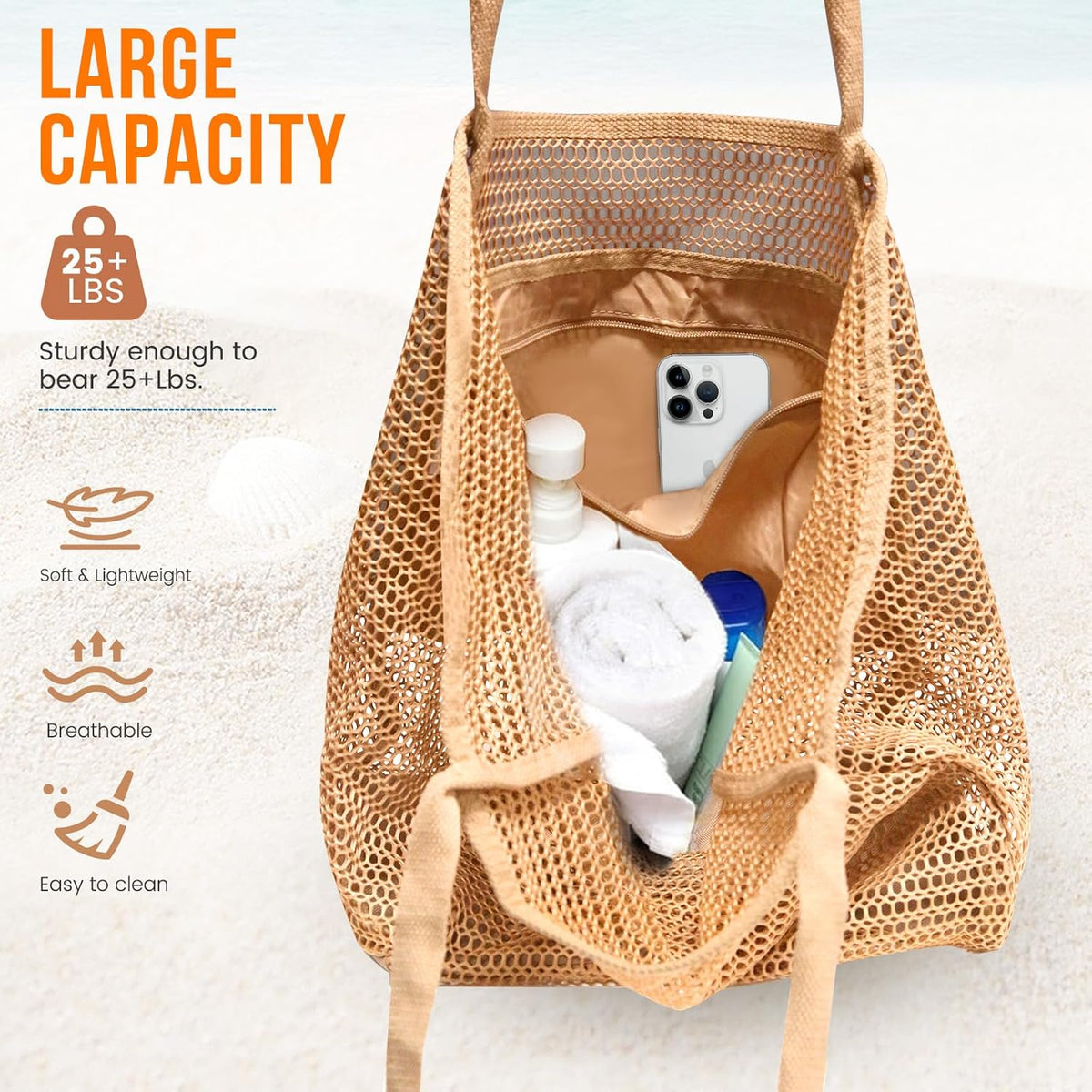 Beach Tote Bag Extra-Large Waterproof Mesh Sand-Resistant Base