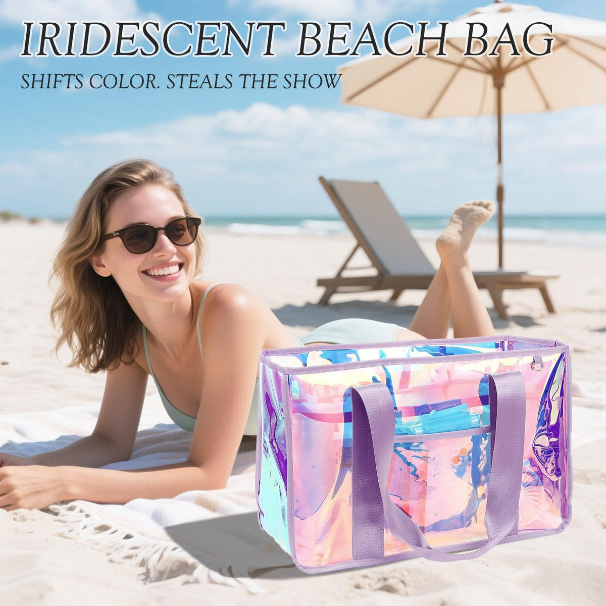 Beach Tote Bag Iridescent Jelly Waterproof Zip-Top & Interior Pockets