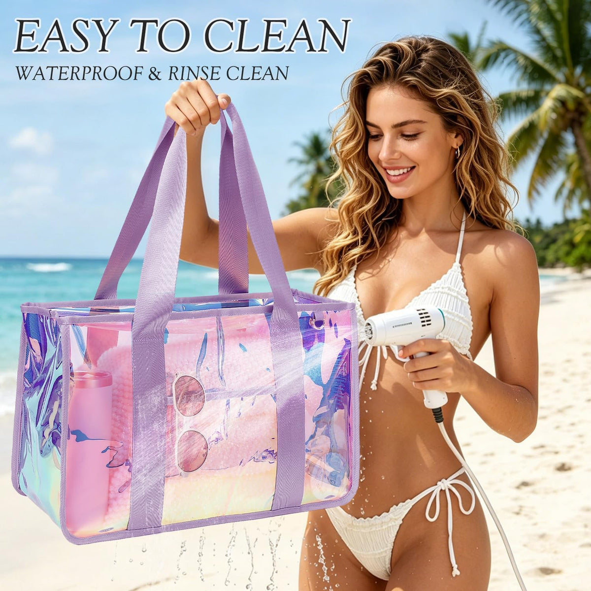 Beach Tote Bag Iridescent Jelly Waterproof Zip-Top & Interior Pockets
