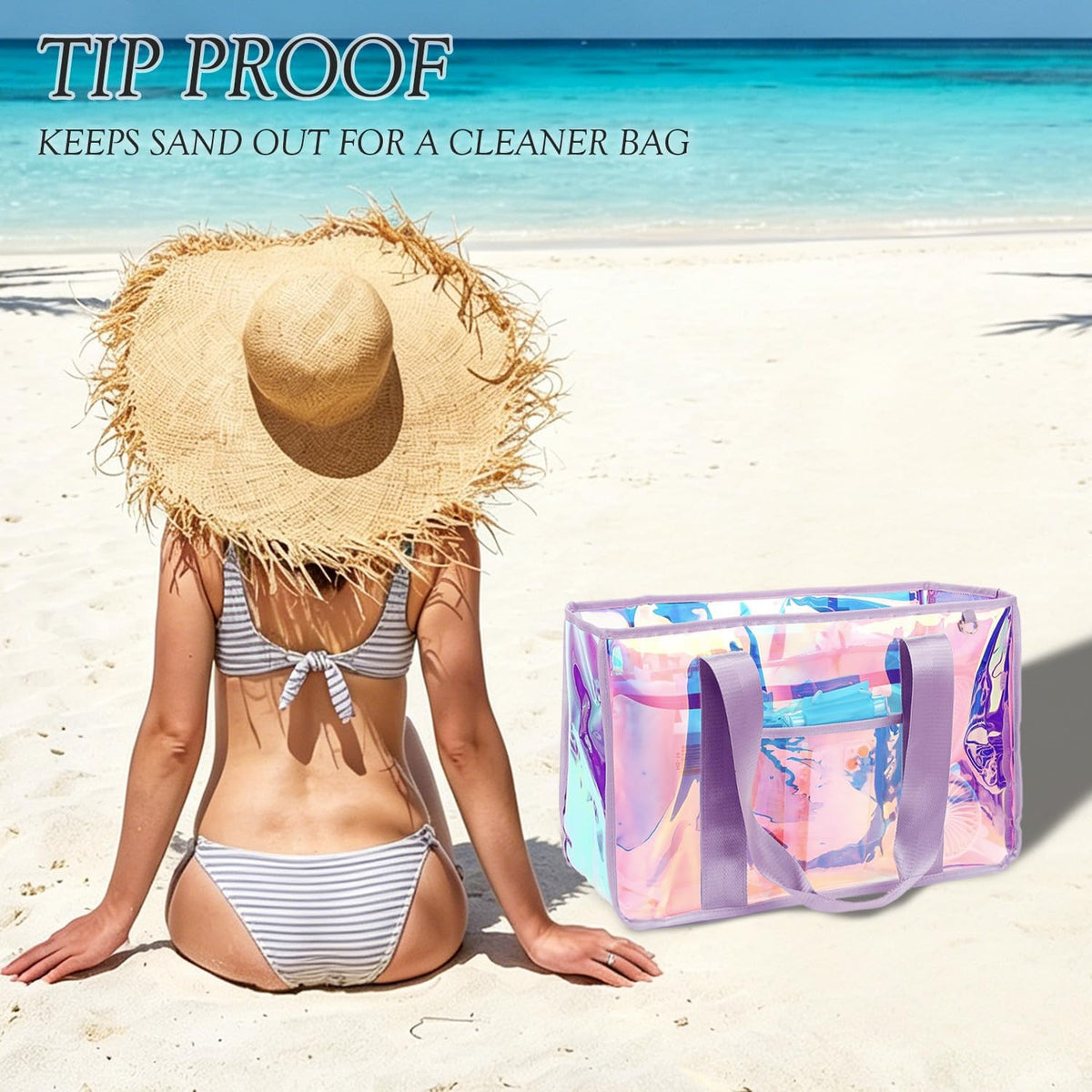 Beach Tote Bag Iridescent Jelly Waterproof Zip-Top & Interior Pockets