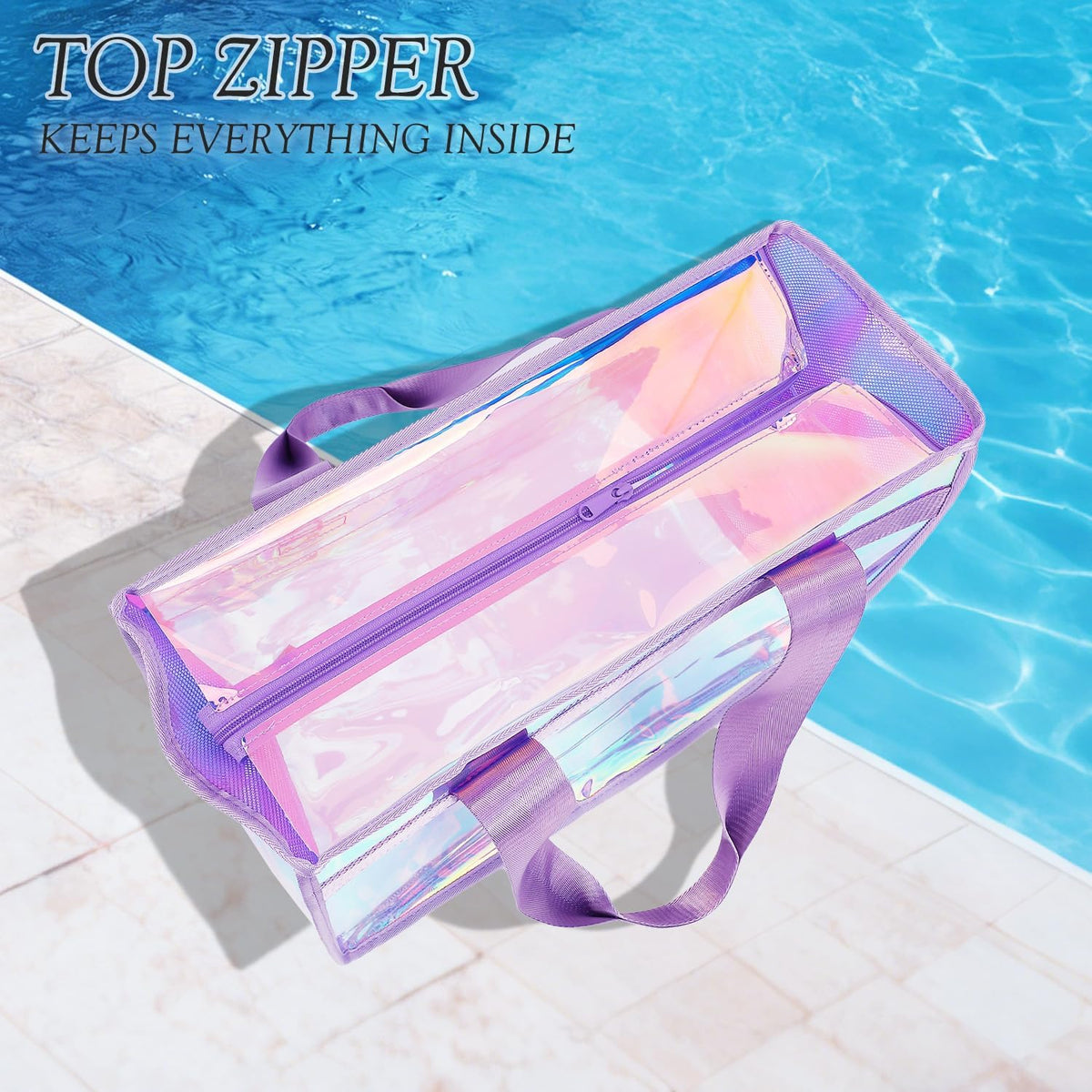 Beach Tote Bag Iridescent Jelly Waterproof Zip-Top & Interior Pockets