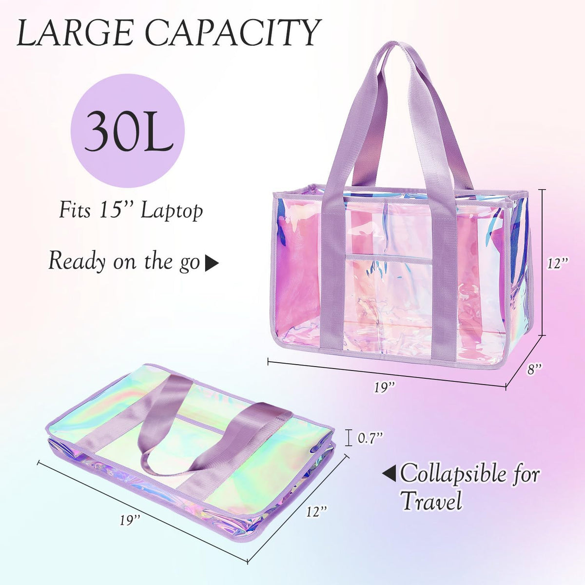 Beach Tote Bag Iridescent Jelly Waterproof Zip-Top & Interior Pockets