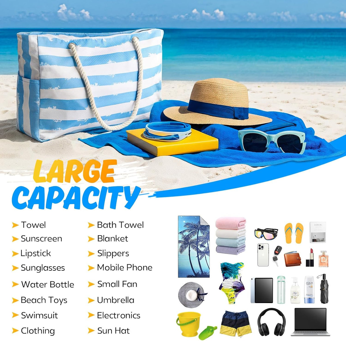 Beach Tote Bag Large Waterproof & Sandproof With Top Zipper