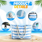 Beach Tote Bag Large Waterproof & Sandproof With Top Zipper