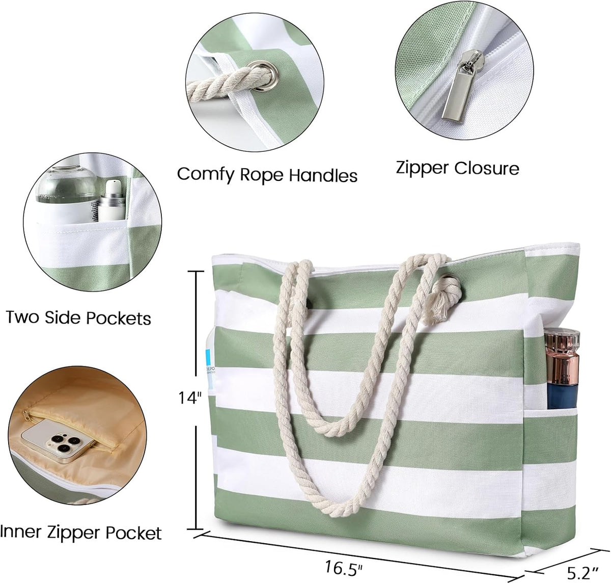 Beach Tote Bag Large Waterproof & Sandproof Zipper Closure
