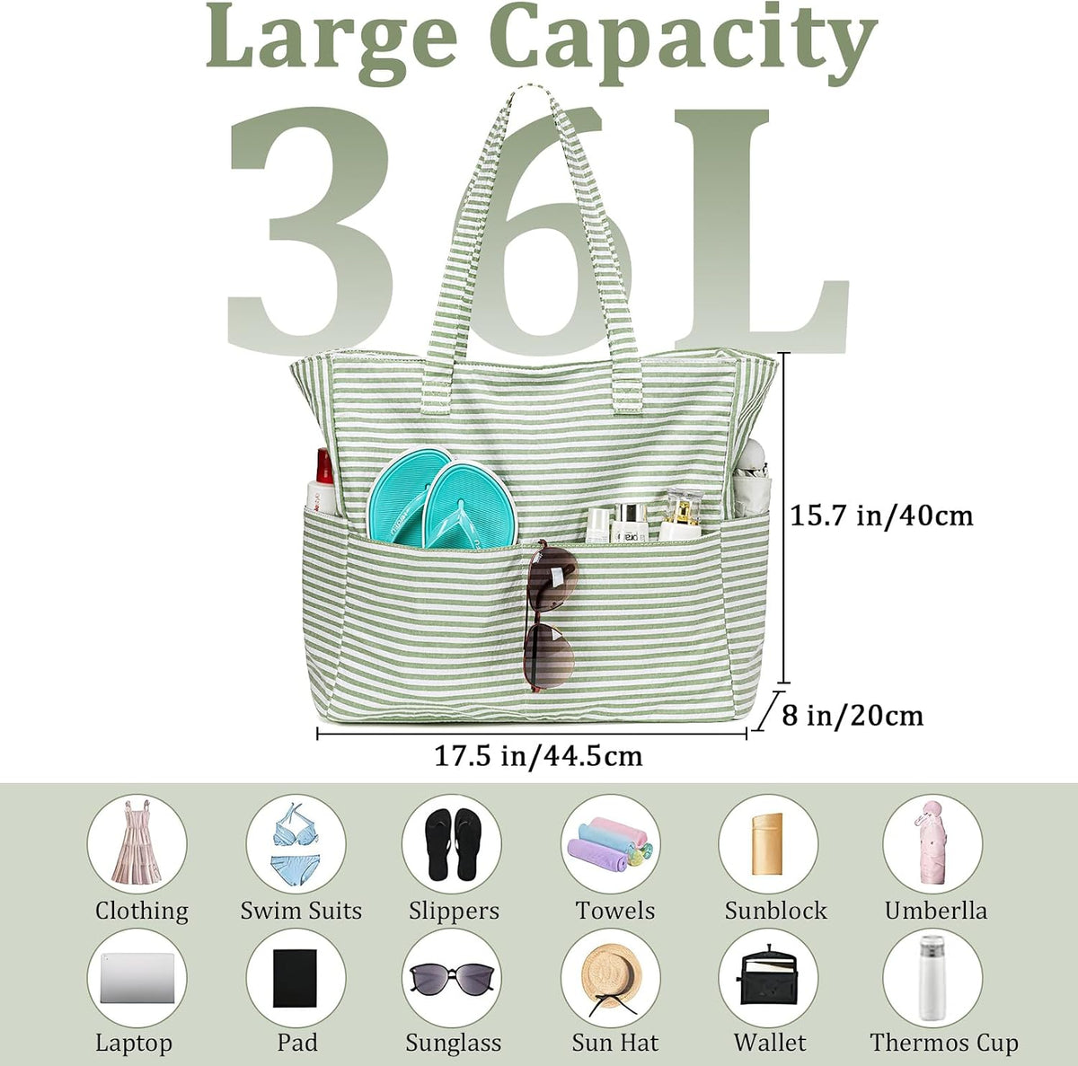 Beach Tote Bag Sandproof 36L Waterproof Compartment