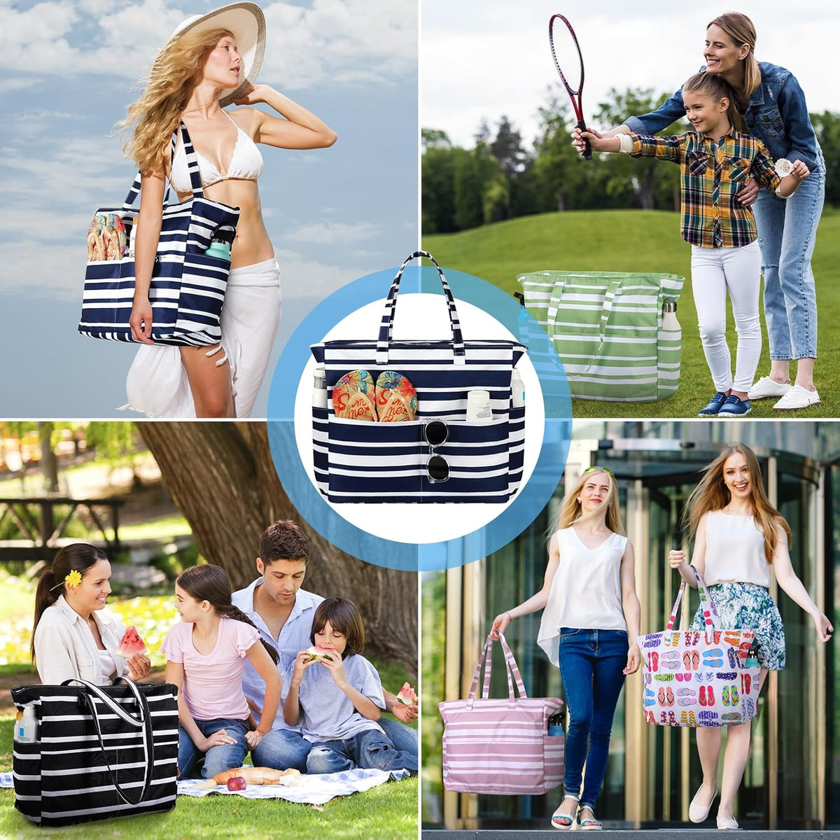 Beach Tote Bag Water-Resistant 45L Multiple Pockets