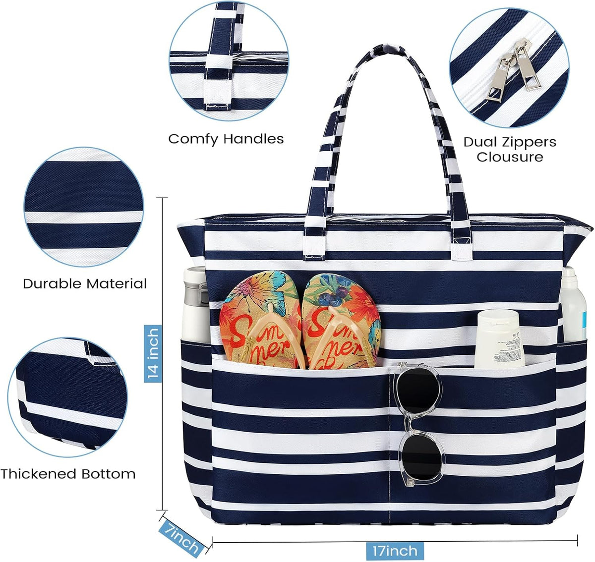 Beach Tote Bag Water-Resistant 45L Multiple Pockets