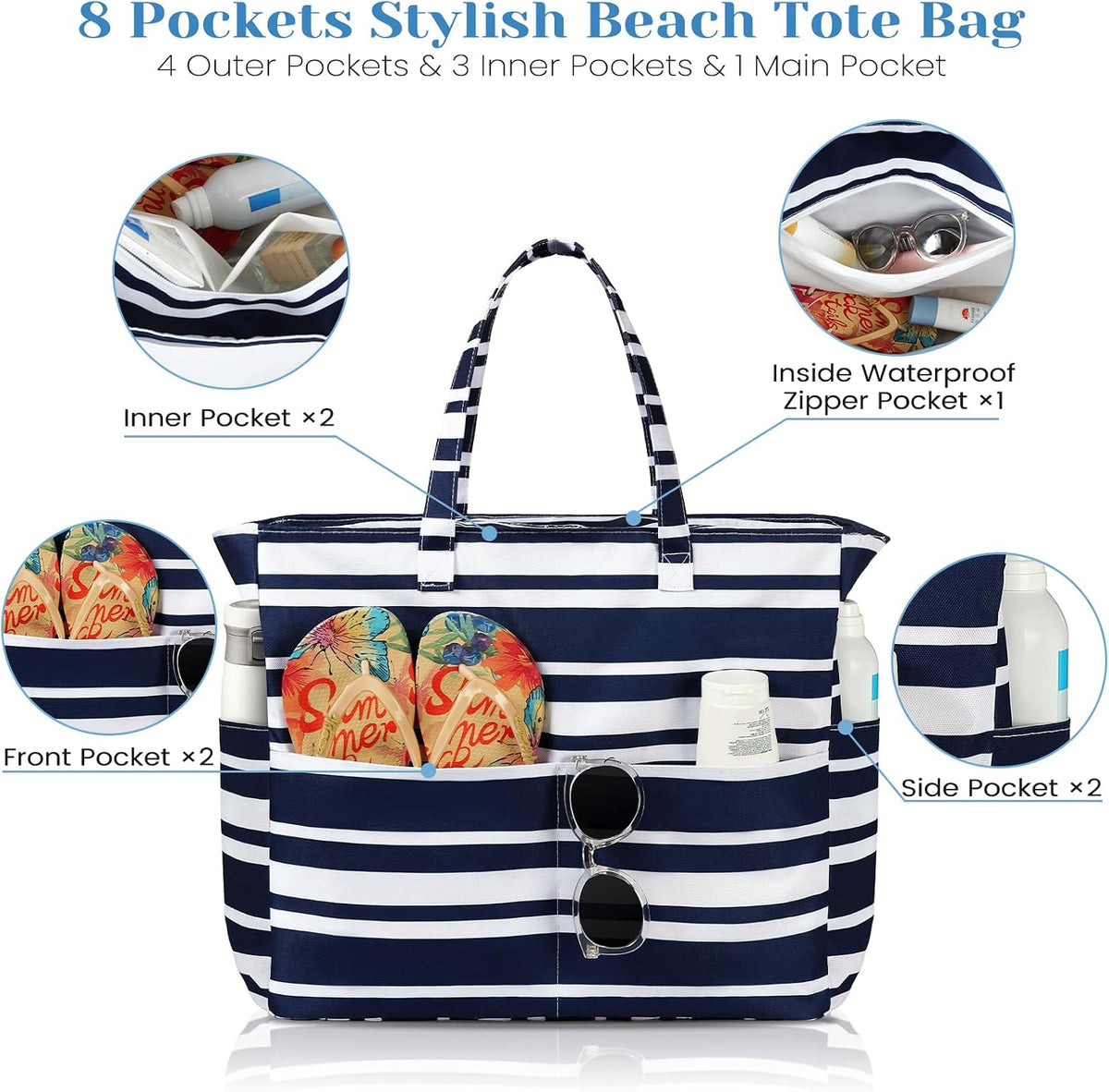 Beach Tote Bag Water-Resistant 45L Multiple Pockets
