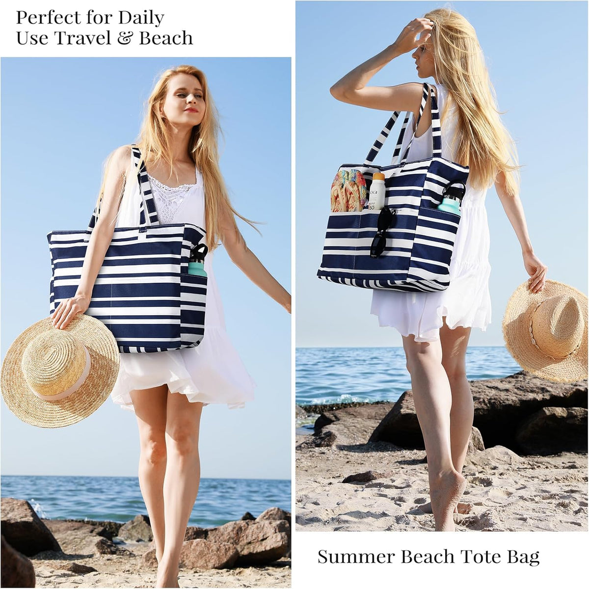 Beach Tote Bag Water-Resistant 45L Multiple Pockets