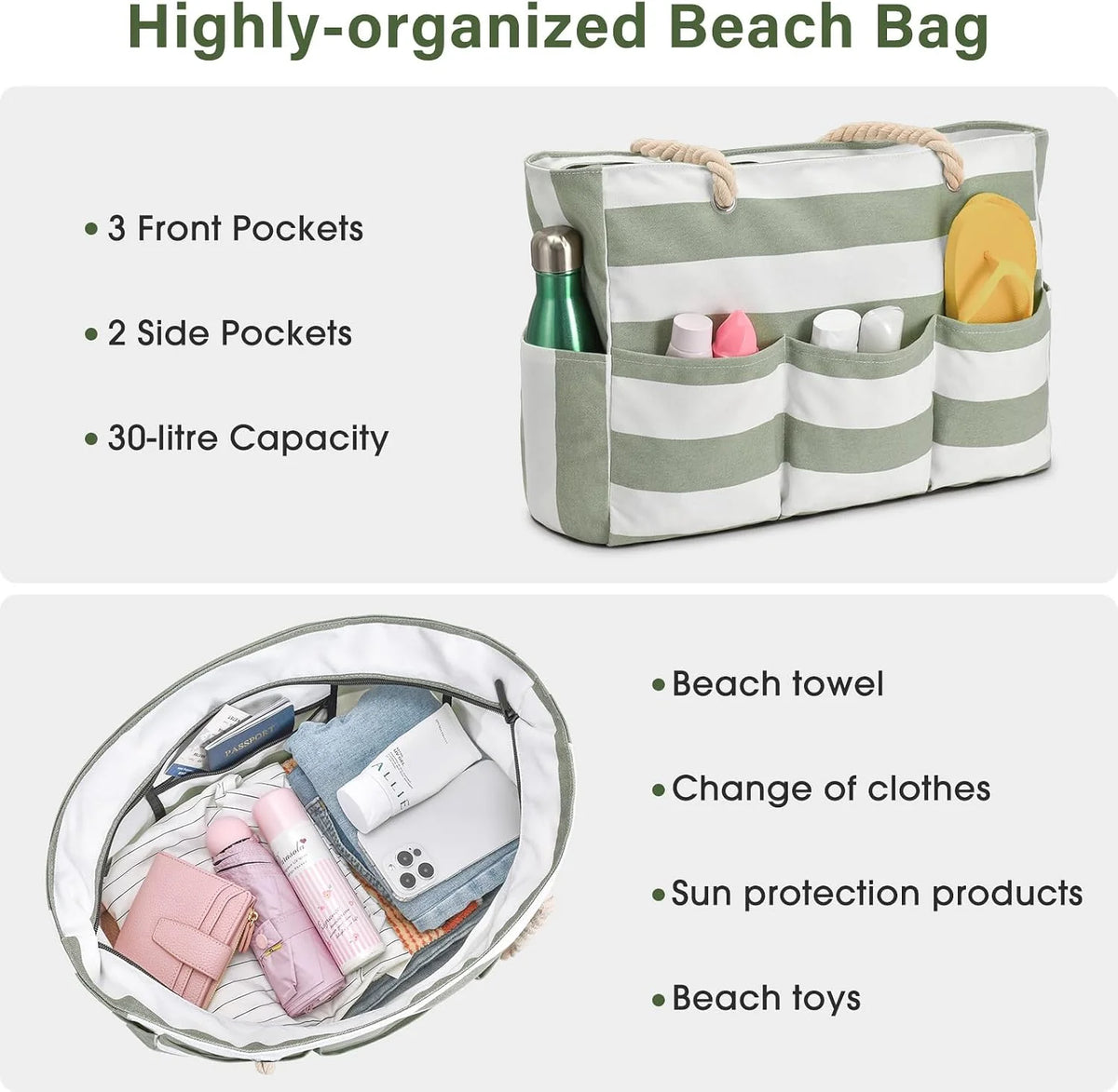 Beach Tote Bag Waterproof Canvas Multiple Pockets