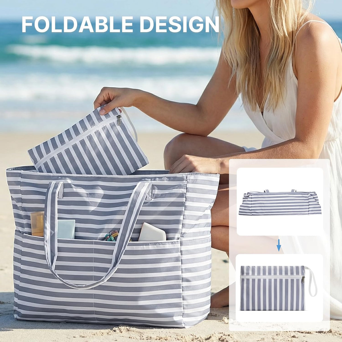Beach Tote Bag Waterproof & Sandproof 38L Wet Compartment