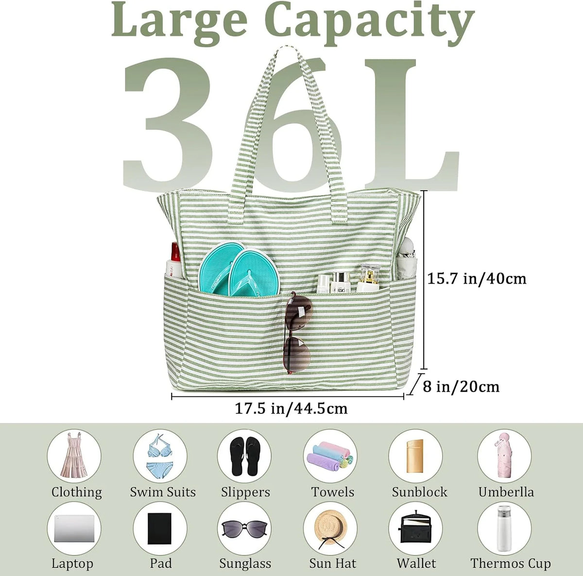 Beach Tote Bag Waterproof Wet Compartment Sandproof 36L