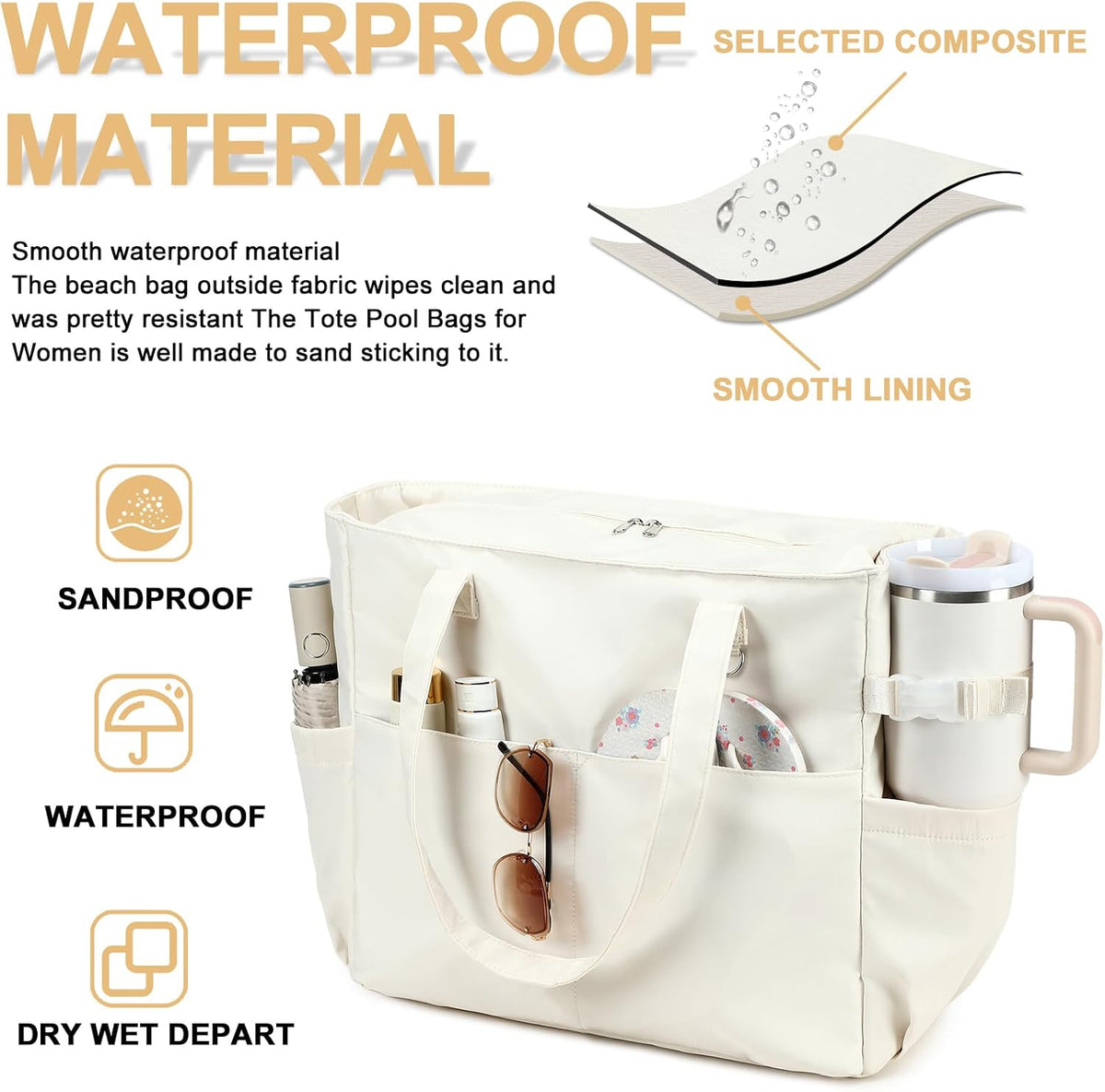 Beach Tote Extra Large Waterproof Wet Compartment & Tumbler Pocket