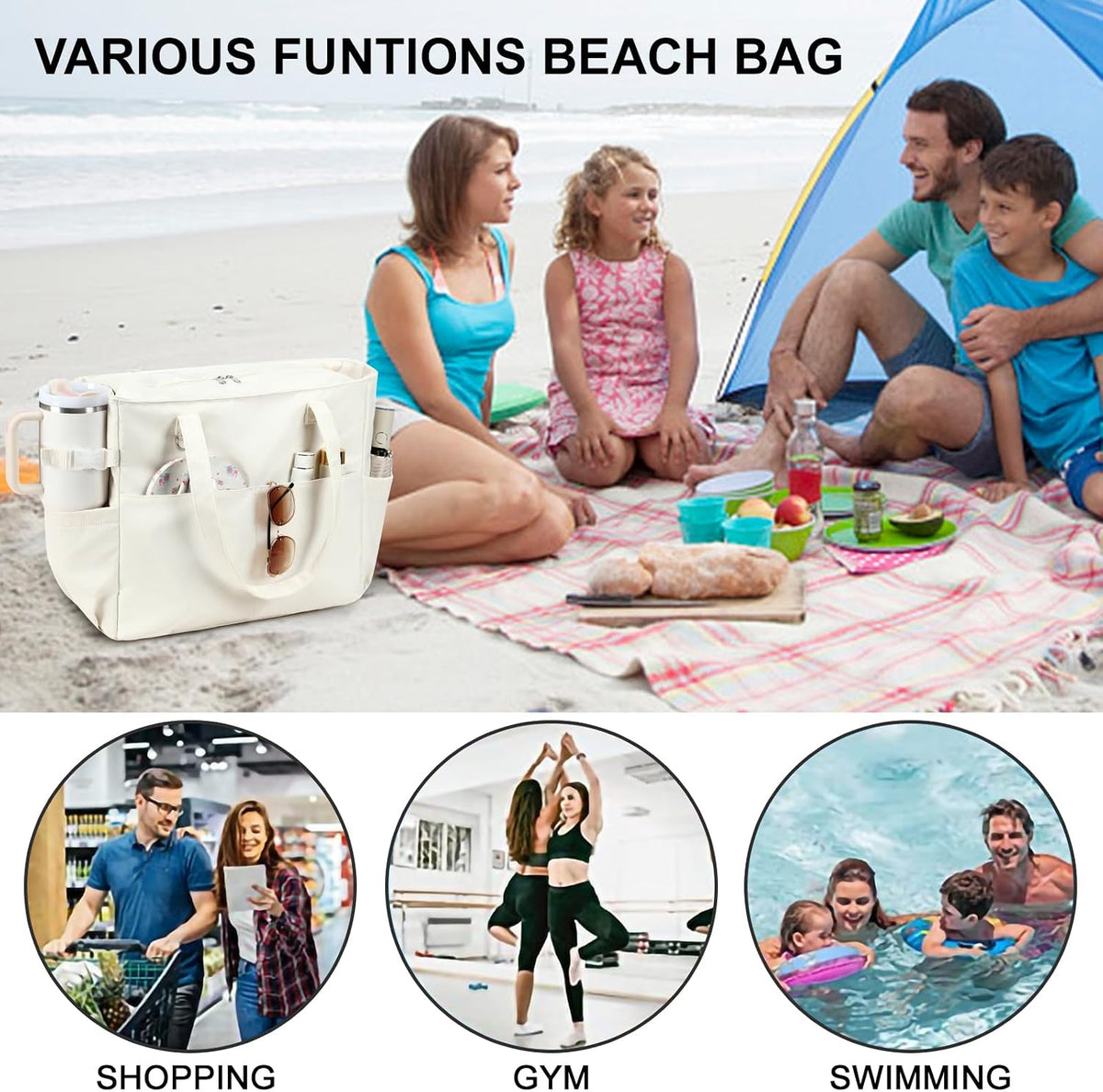 Beach Tote Extra Large Waterproof Wet Compartment & Tumbler Pocket