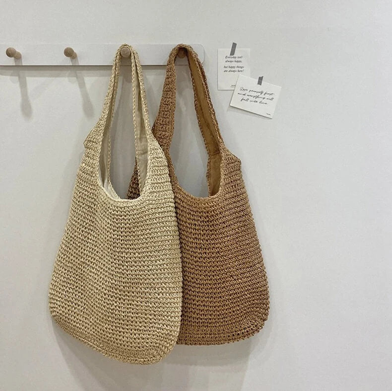 Beach Tote Handwoven Straw Zipper Closure