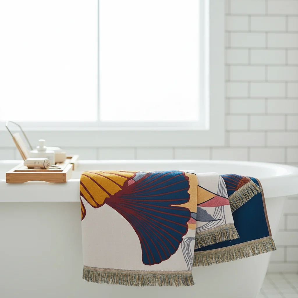 Beach Towel Oversized Cotton Gauze Ginkgo Print & Fringe