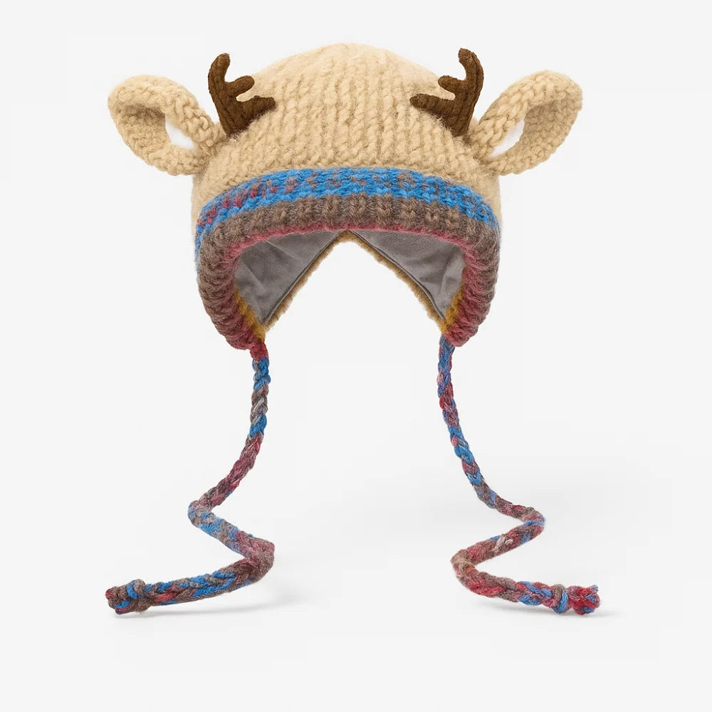 Beanie Reindeer Antlers Ear Flaps & Braided Ties