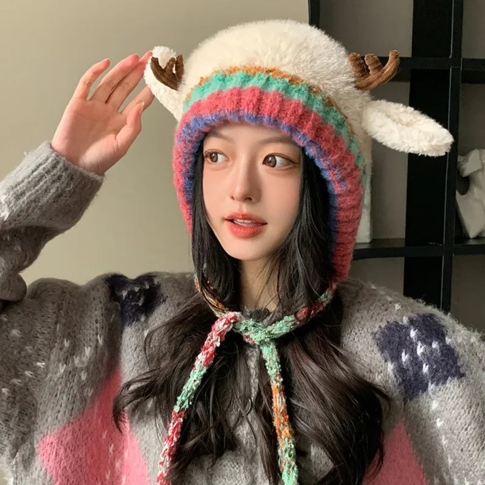 Beanie Reindeer Antlers Ear Flaps & Braided Ties