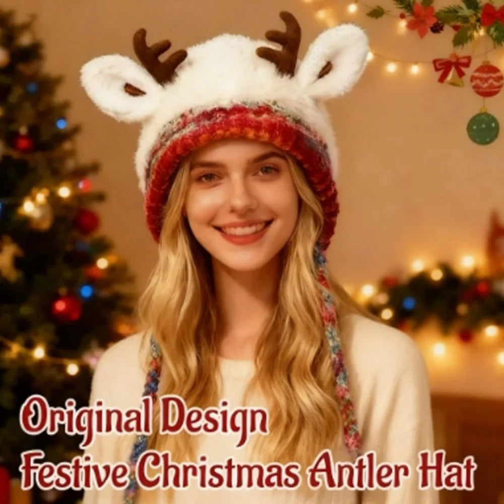 Beanie Reindeer Antlers Ear Flaps & Braided Ties