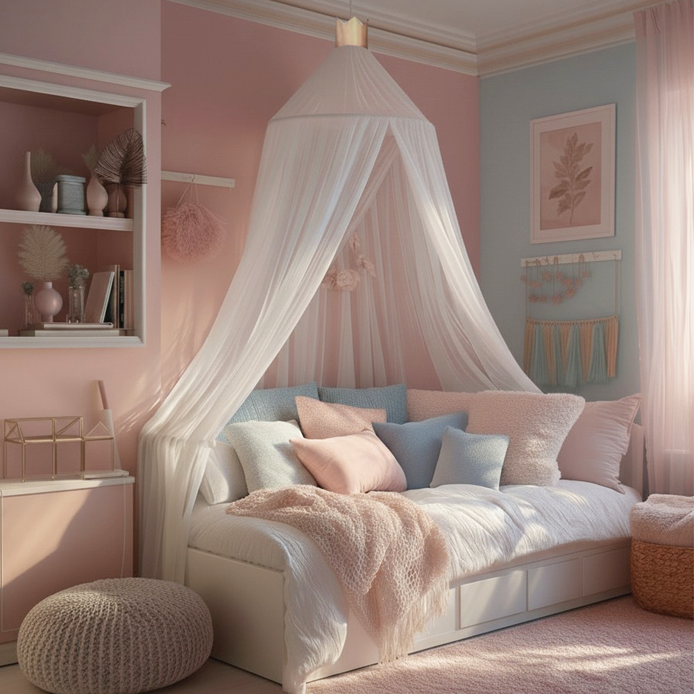 Bed Canopy Princess Draped Cotton Blend Ceiling Mount