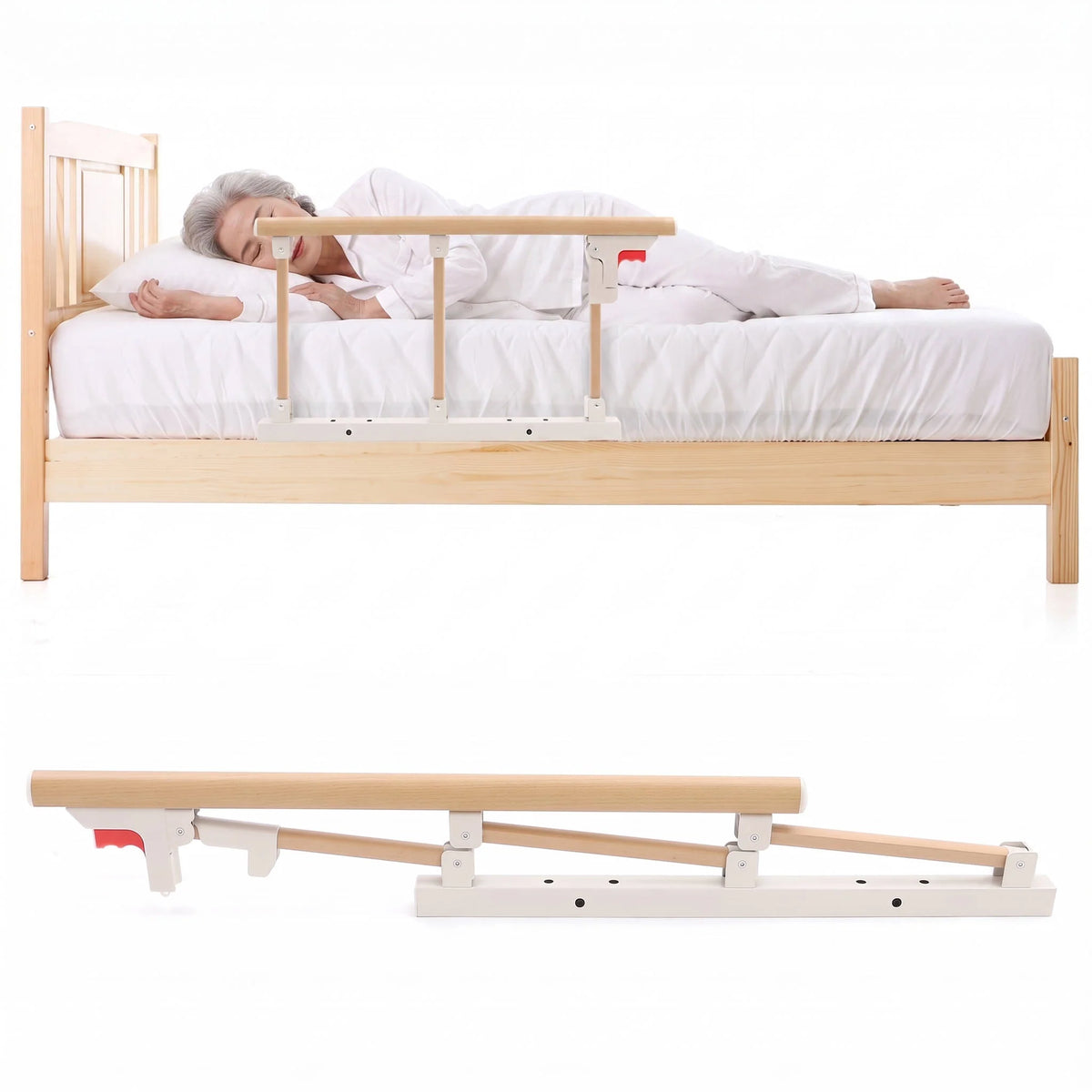 Bed Guard Rail Adjustable Fold-Down Aluminum Wood Grain Finish