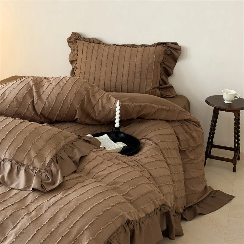 Bed Linen Set Cotton Blend Ribbed Stripe Ruffled Edge