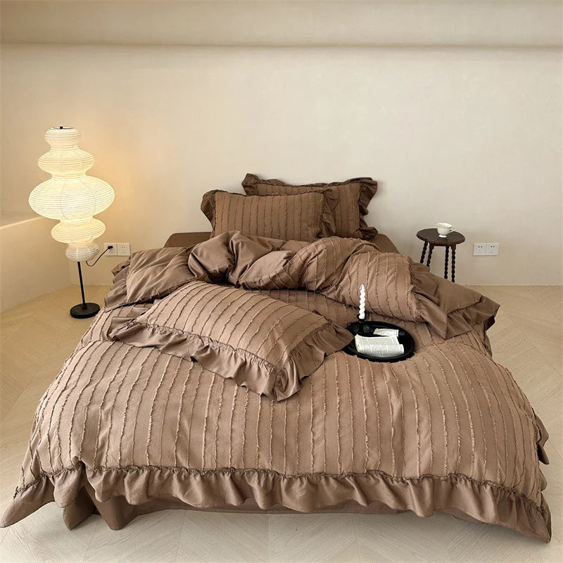 Bed Linen Set Cotton Blend Ribbed Stripe Ruffled Edge