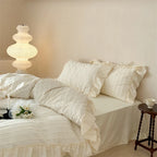 Bed Linen Set Cotton Blend Ribbed Stripe Ruffled Edge
