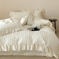 Bed Linen Set Cotton Blend Ribbed Stripe Ruffled Edge