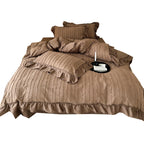 Bed Linen Set Cotton Blend Ribbed Stripe Ruffled Edge