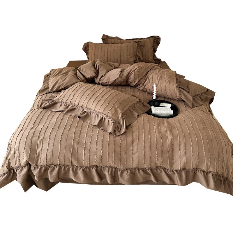 Bed Linen Set Cotton Blend Ribbed Stripe Ruffled Edge