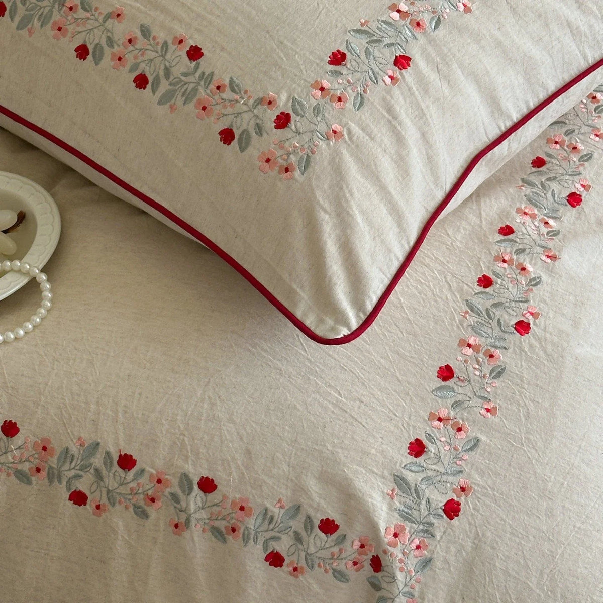 Bed Linen Set Cotton-Linen Blend Floral Embroidery & Piping