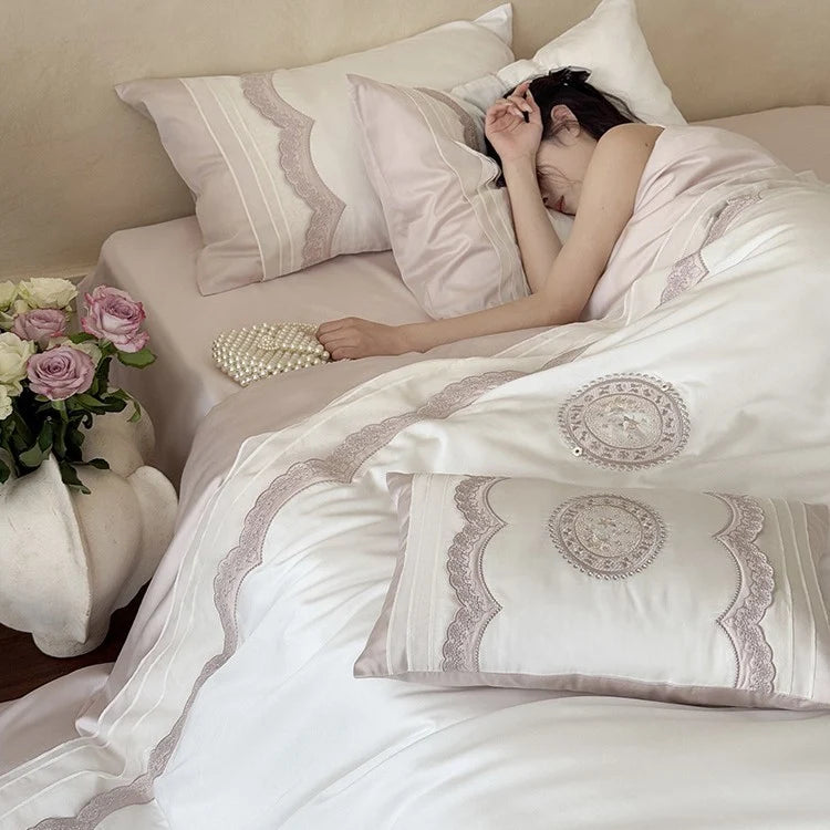Bed Linen Set Cotton Satin Embroidered Lace Trim